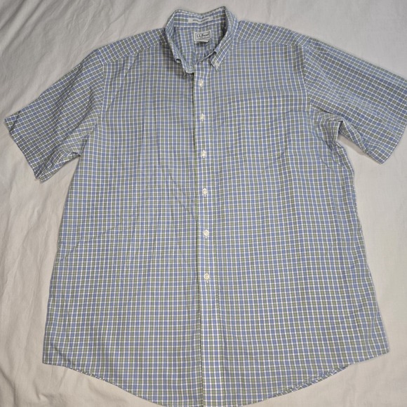 LL Bean Button Up Shirt Large Green Blue Wrinkle Resistant Check‎ Pocket Preppy - Picture 6 of 6